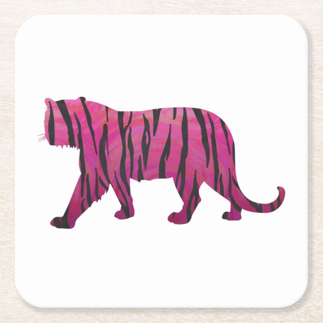 Posavasos Cuadrado De Papel Tigre de silueta rosa y negro (Anverso)
