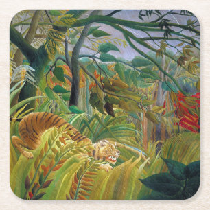 Posavasos Cuadrado De Papel Tigre en tormenta tropical, Rousseau