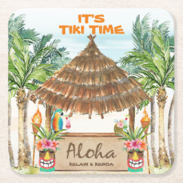 Posavasos Cuadrado De Papel Tiki Luau | Playa Tropical Aloha