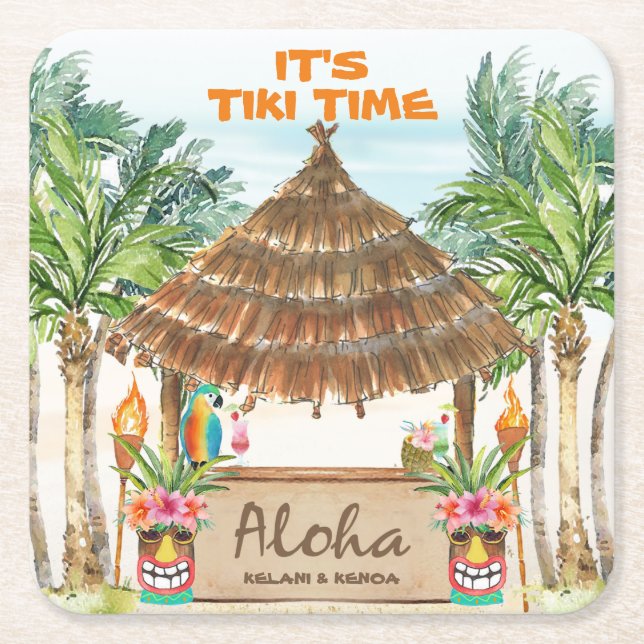 Posavasos Cuadrado De Papel Tiki Luau | Playa Tropical Aloha (Anverso)