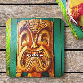 Posavasos Cuadrado De Papel Tiki Time Vintage Hawaii Tropical Fierce Wood Face