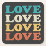 Posavasos Cuadrado De Papel Tipo de repetición afectuosa retro de amor de los<br><div class="desc">Estilo de los años 70 AMAR la tipografía en un diseño repetido angustiado en colores retro. El negro se añade al fondo,  pero se puede cambiar al blanco o elegir el color.</div>