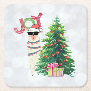 Posavasos Cuadrado De Papel Tipografía de alegría   Navidades Llama con árbol