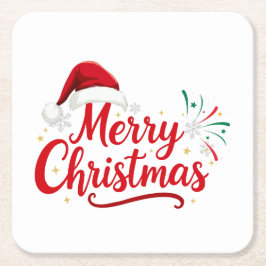 Posavasos Cuadrado De Papel Tipografía de Feliz Navidad con sombrero de Santa 