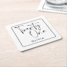 Posavasos Cuadrado De Papel Tipografía moderna en blanco negro 21 cumpleaños d