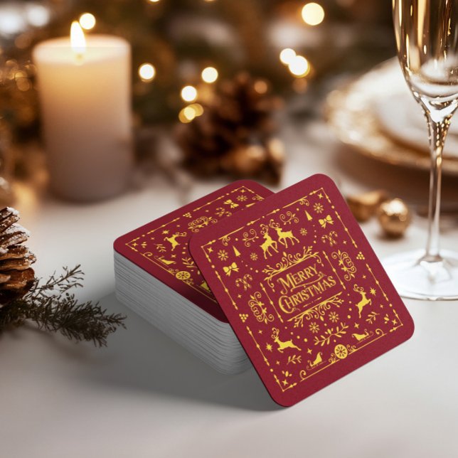 Posavasos Cuadrado De Papel Tipografía roja Feliz Navidad (Red Typography Merry Christmas Square Paper Coaster)