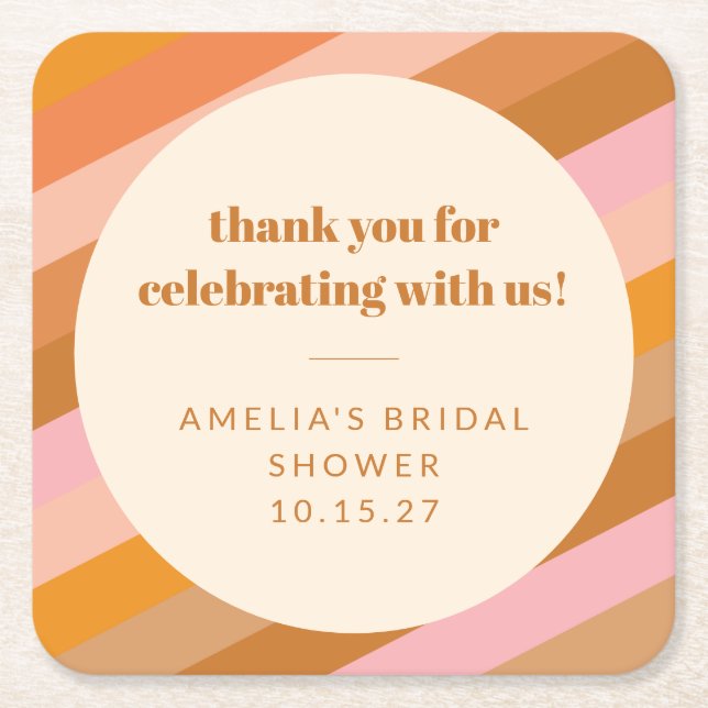 Posavasos Cuadrado De Papel Tiras de la franja rosa retro del atardecer de la  (Anverso)