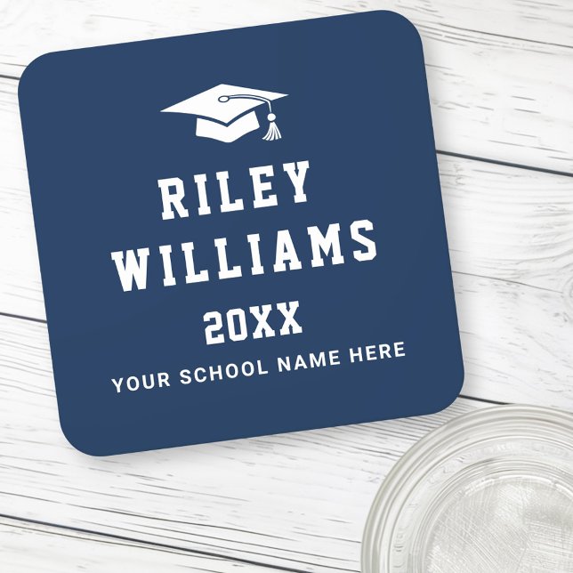 Posavasos Cuadrado De Papel Título de graduación nombre fuente deportiva unive (Graduation cap name college sports font dark blue square paper coaster)