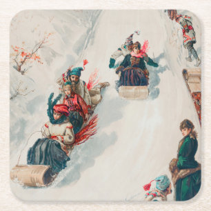 Posavasos Cuadrado De Papel "Tobogganing", Cromolitografía, Louis Prang & Co.