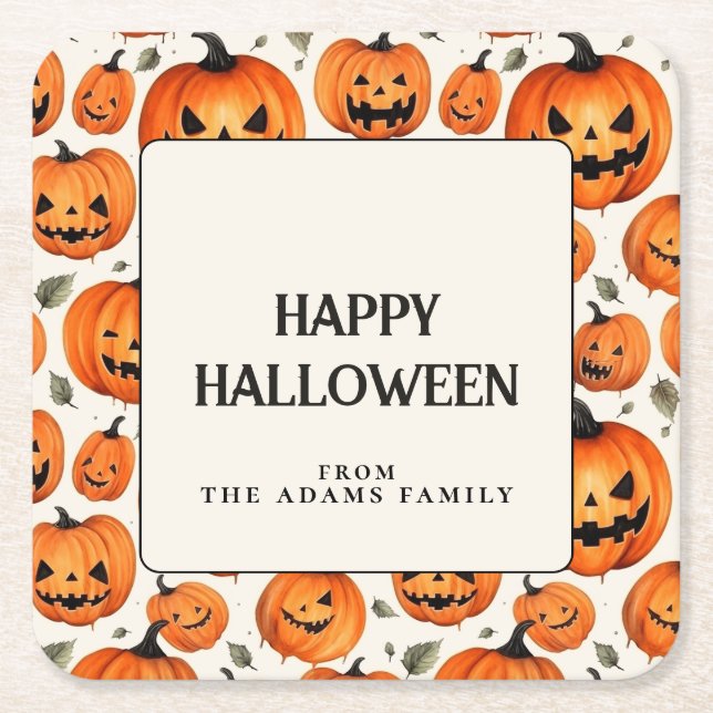 Posavasos Cuadrado De Papel Tocantes calabazas talladas y hojas de otoño Hallo (Anverso)