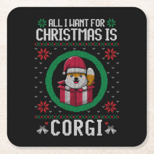 Posavasos Cuadrado De Papel Todo lo que quiero Navidades es Cute Corgi