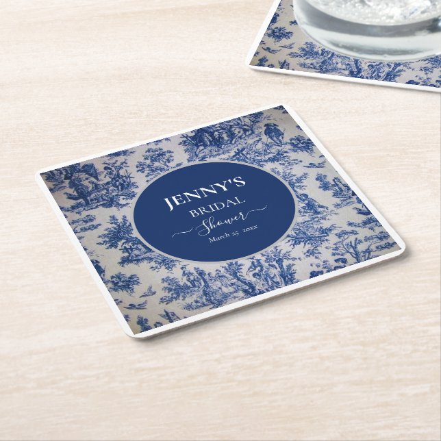 Posavasos Cuadrado De Papel Toile de Jouy Ducha azul y blanca de novias (En perspectiva)