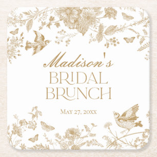 Posavasos Cuadrado De Papel Toile dorado De Jouy Vintage Floral Bridal Brunch