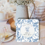 Posavasos Cuadrado De Papel Toile Elegant Floral Blue and White Bridal Shower<br><div class="desc">Classic, elegant and romantic TOILE BRIDAL SHOWER DECOR, that is customizable for any and all events. Soft dusty blue elegant hand painted watercolor, vintage style birds and flowers in trees design was inspired by Victorian era Chinoiserie Chinese blue and white pottery designs. Welcome your guests for a very special mother-to-be's...</div>