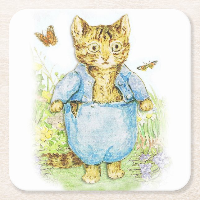 Posavasos Cuadrado De Papel Tom Kitten en su traje azul de Beatrix Potter (Anverso)
