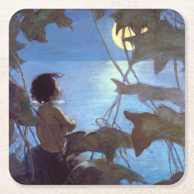 Posavasos Cuadrado De Papel Tom viendo la luna, Jessie Willcox Smith (Anverso)