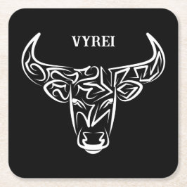 Posavasos Cuadrado De Papel Toro tribal negro y blanco/Ox