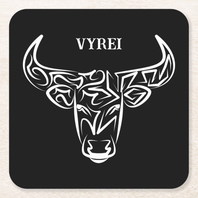 Posavasos Cuadrado De Papel Toro tribal negro y blanco/Ox (Anverso)