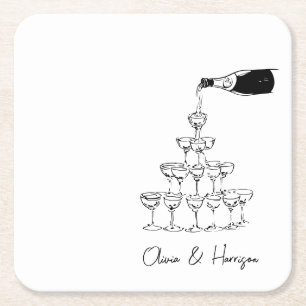 Posavasos Cuadrado De Papel Torre de champán boceto nombre personalizado boda
