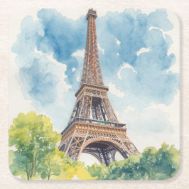 Posavasos Cuadrado De Papel Torre Eiffel Acuarela París Francia Pintado