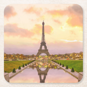 Posavasos Cuadrado De Papel Torre Eiffel al amanecer de las fuentes de Trocade