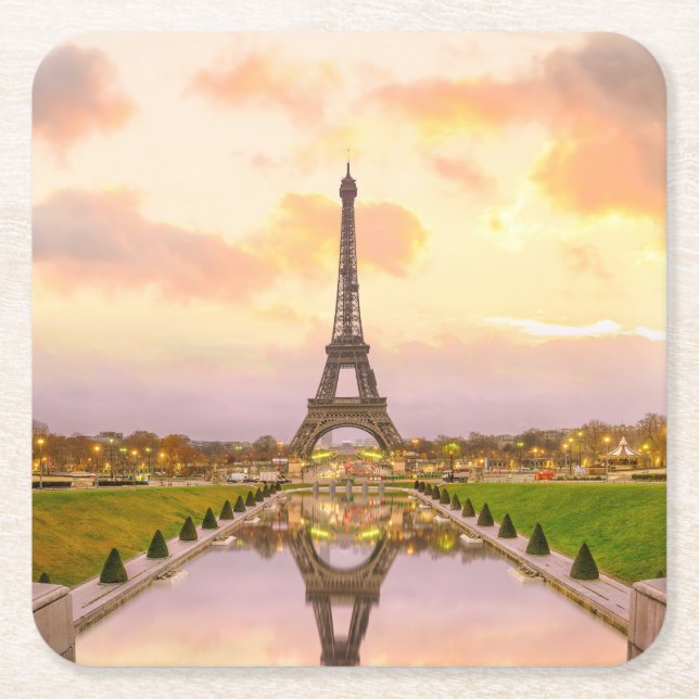 Posavasos Cuadrado De Papel Torre Eiffel al amanecer de las fuentes de Trocade (Anverso)