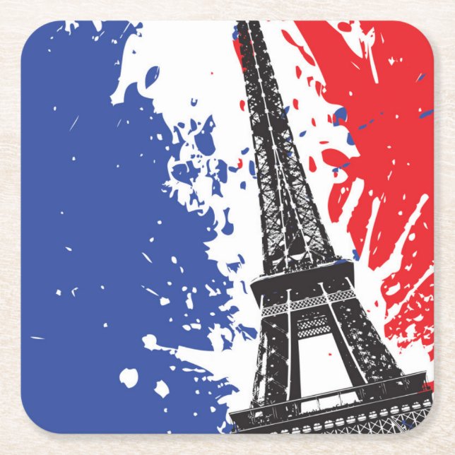 Posavasos Cuadrado De Papel Torre Eiffel el | bandera del Grunge de París, (Anverso)