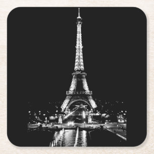 Posavasos Cuadrado De Papel Torre Eiffel por la noche, montaña rusa blanca y n
