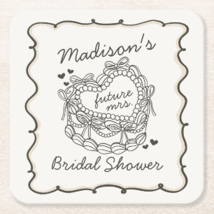 Posavasos Cuadrado De Papel Torta Coquette Corazón Retro de Beige Bow Bridal S