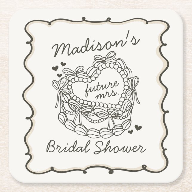 Posavasos Cuadrado De Papel Torta Coquette de Corazón Retro con Lazo Beige par (Anverso)