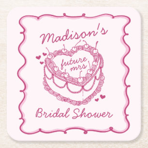 Posavasos Cuadrado De Papel Torta de Cereza Coquette Corazón Retro Rosa Bridal
