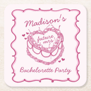 Posavasos Cuadrado De Papel Torta de Cereza Coquette Corazón Retro Rosa Desped
