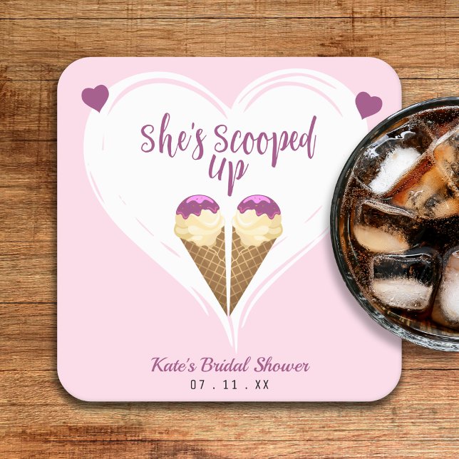 Posavasos Cuadrado De Papel Torta de helado rosa recogida Bridal Shower (Scooped Up Pink Ice Cream Heart Bridal Shower Square Paper Coaster
)