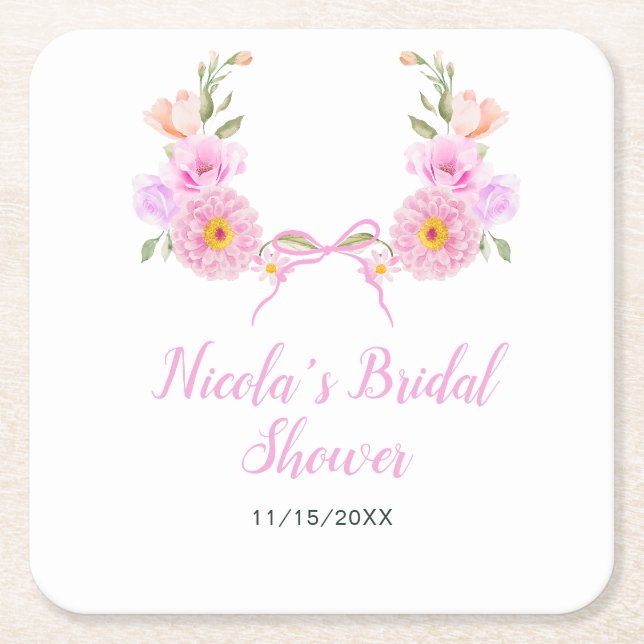 Posavasos Cuadrado De Papel Torta nupcial con cinta floral rosa (Anverso)