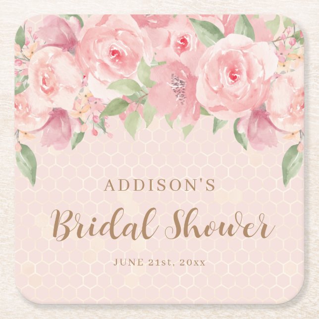 Posavasos Cuadrado De Papel Torta Nupcial de Acuarela en Rosa y Dorado (Anverso)