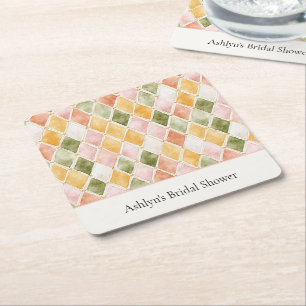 Posavasos Cuadrado De Papel Torta Nupcial de Durazno Naranja Verde Amarillo Ru