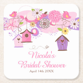 Posavasos Cuadrado De Papel Torta nupcial de jaulas de pájaros florales rosado