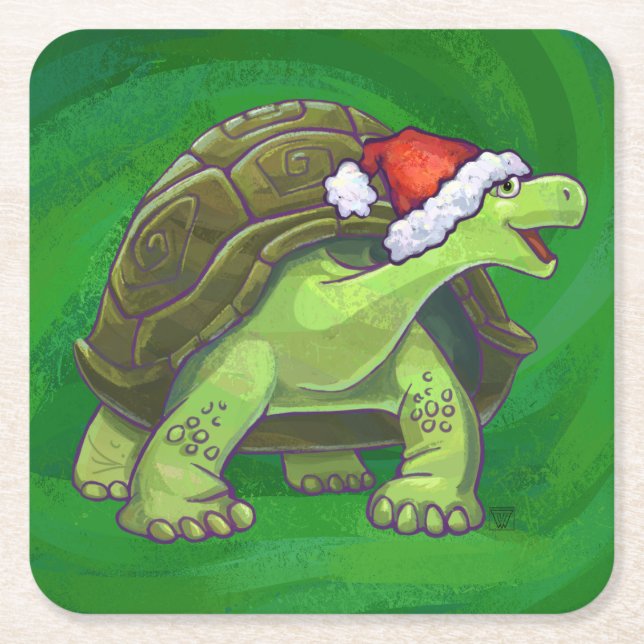Posavasos Cuadrado De Papel Tortoise en Santa Hat en Green (Anverso)