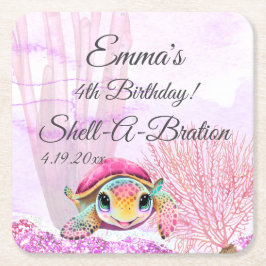 Posavasos Cuadrado De Papel Tortuga, cuarto cumpleaños, bajo el mar