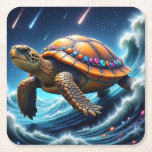 Posavasos Cuadrado De Papel Tortuga marina galáctica<br><div class="desc">Este colorido diseño cósmico presenta una tortuga galáctica con un fondo vibrante de temática espacial.</div>