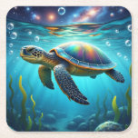 Posavasos Cuadrado De Papel Tortuga marina galáctica<br><div class="desc">Este colorido diseño cósmico presenta una tortuga marina galáctica con un vibrante fondo de temática espacial.</div>