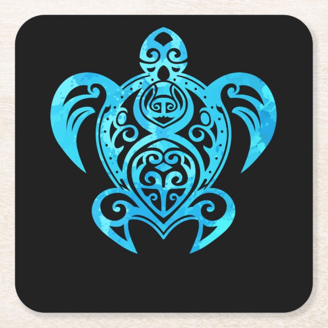 Posavasos Cuadrado De Papel Tortuga oceánica azul tribal hawaiana (Anverso)