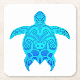 Posavasos Cuadrado De Papel Tortuga tribal azul