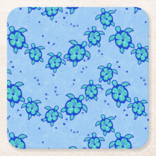 Posavasos Cuadrado De Papel Tortugas marinas de Hawái Honu Hibiscus
