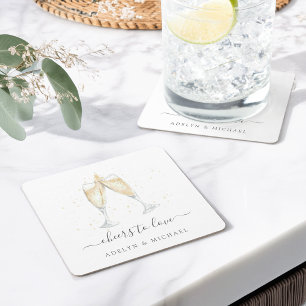 Posavasos Cuadrado De Papel Tostada de champán "Salud para amar" personalizada