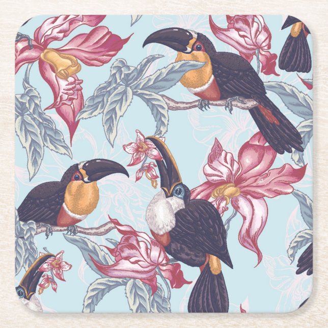 Posavasos Cuadrado De Papel Toucans con las flores exóticas (Anverso)