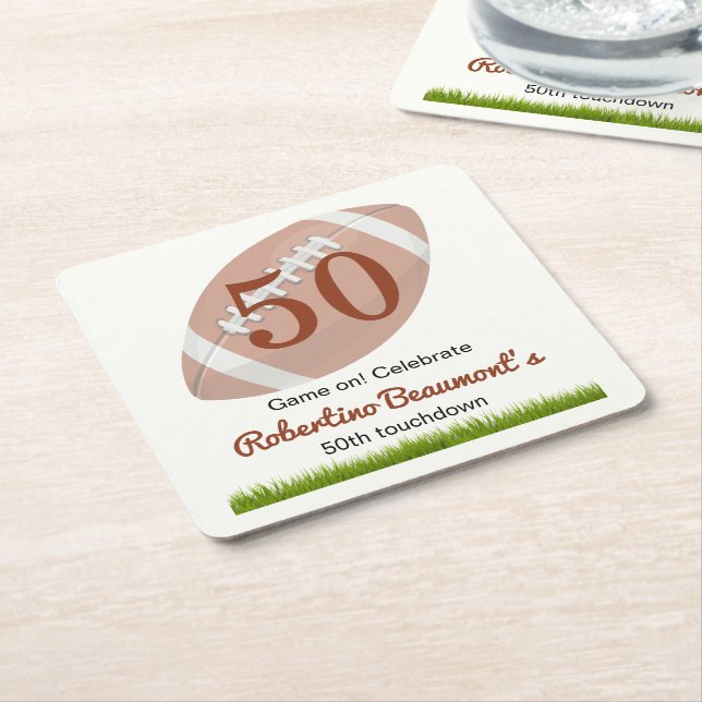 Posavasos Cuadrado De Papel Touchdown Fifty Funny Football 50 cumpleaños (En perspectiva)