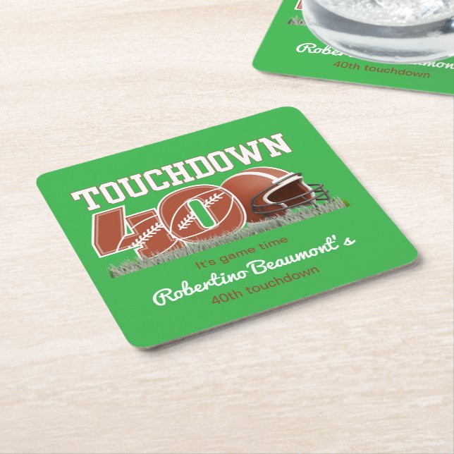Posavasos Cuadrado De Papel Touchdown Forty Funny Football 40° cumpleaños (En perspectiva)