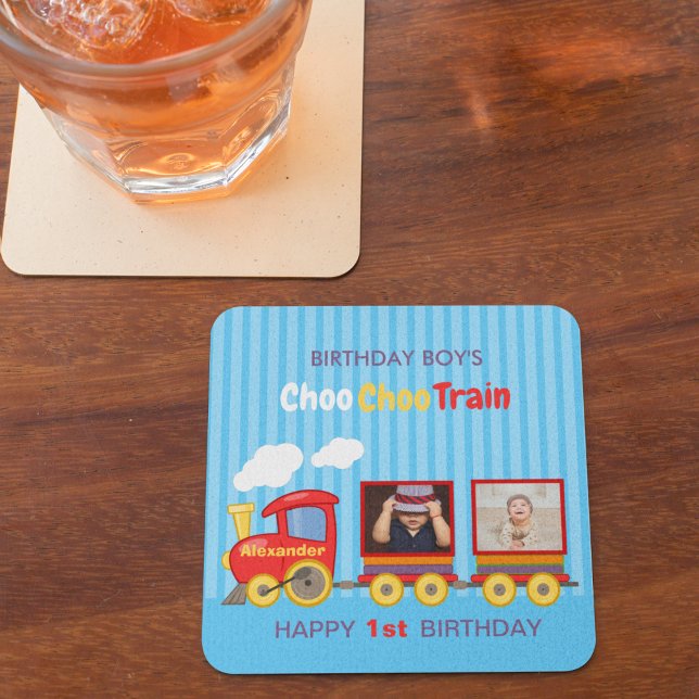 Posavasos Cuadrado De Papel Toy Train Toddler Boy Birthday Blue (Subido por el creador)