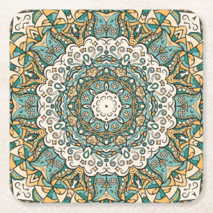 Posavasos Cuadrado De Papel Tracería sin soldadura de Mehndi Tile colorido